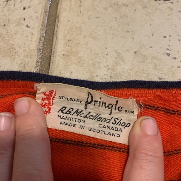 VINTAGE Pringle 100% PURE Cashmere Cardigan Orange Black Stripe McLelland S/M - Picture 3 of 6